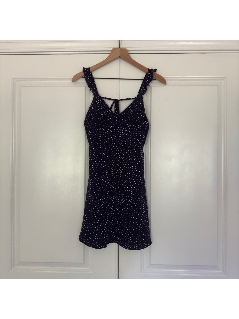 White Fox Polka Dot Mini Dress sleeveless ruffle tie bow back v-neck lightweight